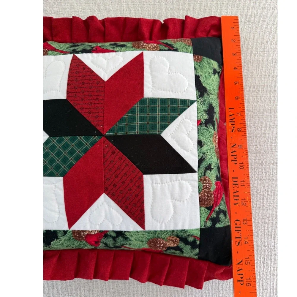 Handmade Quilted 8 Point Star Christmas Square Throw Pillow Cardinal Holiday